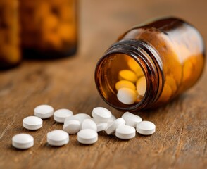 White Pills Spilled from Amber Bottle on Wooden Surface