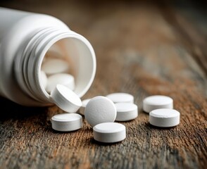 White Pills Spilled from Bottle on Wooden Surface