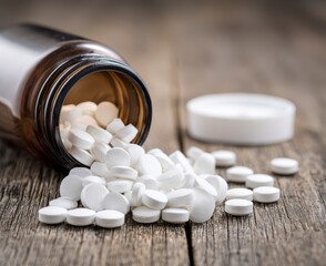 White Pills Spilled from Brown Bottle on Wooden Table