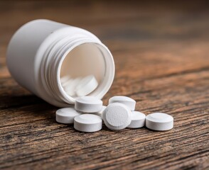 White Pills Spilled on Dark Wooden Surface