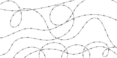 Barbed wire vector border. Isolated silhouette on white for prison, military zone, or security fence. Metal wire for danger or restricted area design.