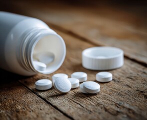 White Pills Spilled on Rustic Wooden Surface
