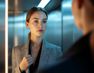  captures a solitary individual standing in an elevator, adjusting their blazer in front of the mirror.