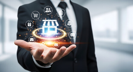 Innovative digital retail solutions: a hand showcases a connected online store with essential service icons.