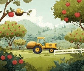 Yellow Tractor in a Lush Apple Orchard on a Sunny Day