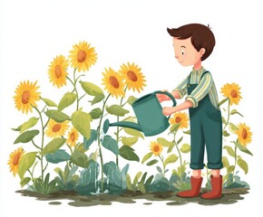 Young Boy Watering Sunflowers in a Garden