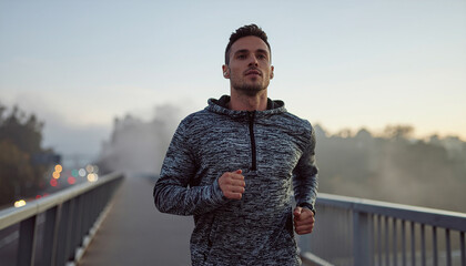 A cinematic slow-motion capture of a young adult jogging alone across a city bridge just before sunrise.
