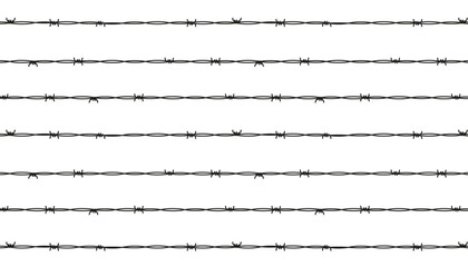 Black ink thin outline barbed wire isolated on white. Monochrome seamless linear pattern. Simple flat vector graphic with hand-drawn texture. Minimalist design.