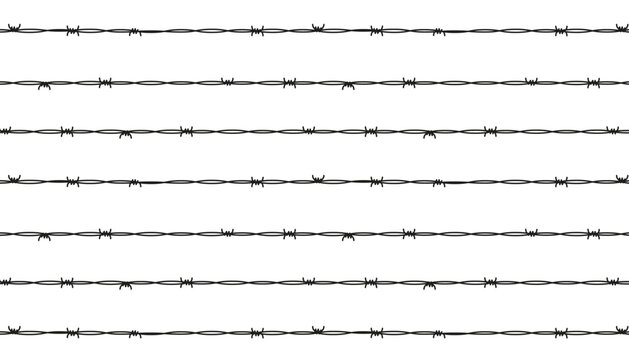 Black ink thin outline barbed wire isolated on white. Monochrome seamless linear pattern. Simple flat vector graphic with hand-drawn texture. Minimalist design.
