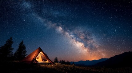 Peaceful Camping Under a Starry Sky with Milky Way in the Background
