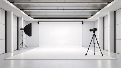 Modern photography studio interior with professional lighting equipment camera on tripod and seamless white background ready for photoshoots
