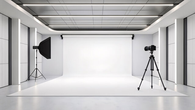 Modern photography studio interior with professional lighting equipment camera on tripod and seamless white background ready for photoshoots