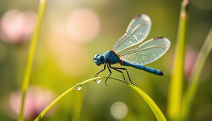 Macro photograph of a vibrant blue dragonfly