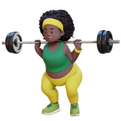 3D Plus Size Overweight african woman doing Barbell Squat Workout