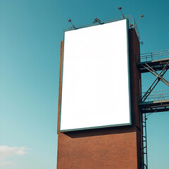 A large blank billboard displayed on a brick structure against a vivid blue sky provides ample advertising opportunity for branding and commercial messages