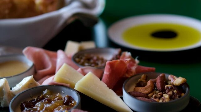 Different types of cheese board with fruits and crackers. Party snacks, European anipasti. High quality 4k footage