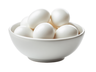 Closeup of Fresh White Eggs in a Simple White Bowl, PNG