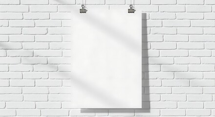 Clean white brick wall showcasing a blank poster held by binder clips design