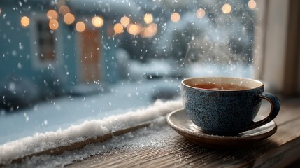 Cozy Winter Scene with Steaming Cup of Tea by Frosted Window
