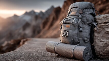 Rugged Hiking Backpack beside Roll Mat on Serene Mountain Trail