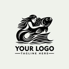 Fototapeta premium Elegant mermaid embracing a large fish, ocean waves below, monochrome logo design.