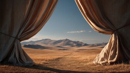 Scenic View of Expansive Landscape from Draped Curtains in Nature