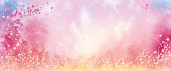 Obraz premium pink watercolor landscape with cherry blossoms and flowering plants background