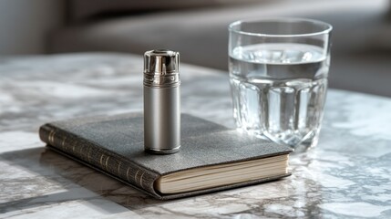 Modern metal flask on closed notebook beside glass of water on table