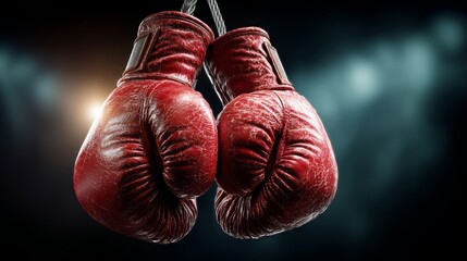 Red Boxing Gloves Hanging in Dramatic Lighting on a Dark Background