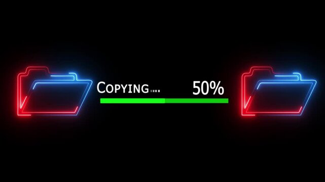 File transfer from computer folder to folder neon line animation Isolated on black background. copying file transfer with loading animation.