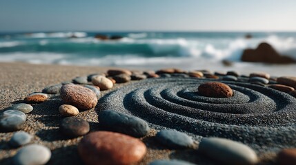 Calm Beach Scene with Spiral Stone Arrangement on Sandy Shoreline at Sunrise
