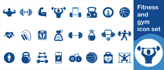 Fitness and gym icon set, protein, diet, physical exercise, shoes, body scale, relaxation, pool, aerobics, biceps, supplements, bodybuilding, jumping rope, treadmill, nutrition and more