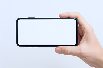 スマートフォンを横向きに持つ手と白い画面のモックアップ画像