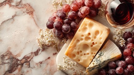 Assorted Cheese with Grapes and Wine on Marble Surface Table Setting