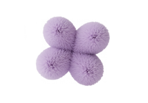 Four fluffy purple pompoms arranged in a cross shape, isolated on transparent background