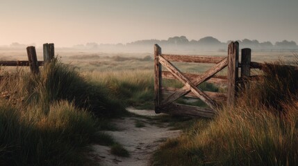 Serene Open Gate in a Misty Landscape at Dawn with Lush Green Grass