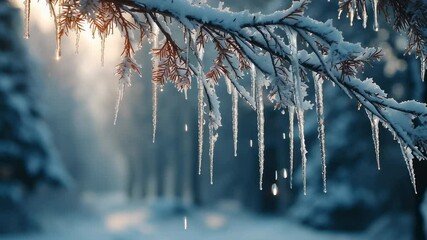 dynamic low-angle shot of icicles hanging from a frosted branch, shimmering in diffused sunlight, intricate details, cool color palette, serene winter beauty - Powered by Adobe