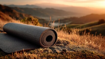 Yoga mat resting on grass against breathtaking sunset landscape view