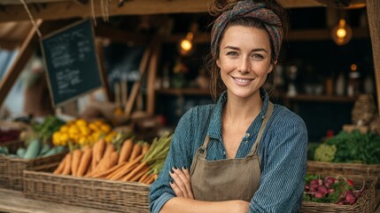 Smiling Woman at Organic Farmers Market with Fresh Produce Display
