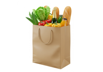 A brown paper grocery bag full of fresh vegetables, bread, and a bottle of champagne, isolated on transparent background