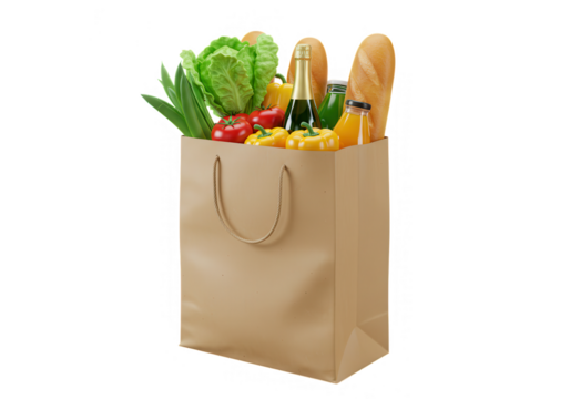 A brown paper grocery bag full of fresh vegetables, bread, and a bottle of champagne, isolated on transparent background