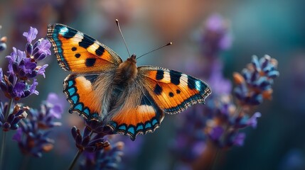 Colorful Butterfly on Lavender Flowers in Soft Focus Background