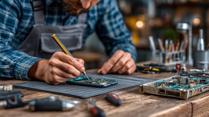 Technician Repairing Smartphone Circuit Board with Tools on Wooden Table