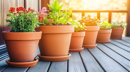 Vibrant Flowers in Terracotta Pots on Deck