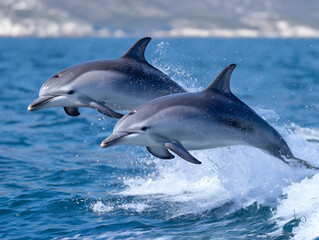 ジャンプする2頭のイルカが青い海を舞う躍動感あふれる海洋風景
