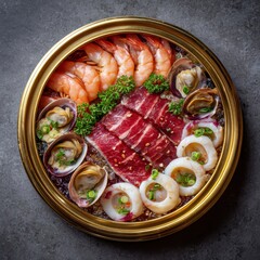Luxurious Seafood Plate with Fresh Shrimp Clams Squid and Sliced Beef on Ice Elegant Dining Experience
