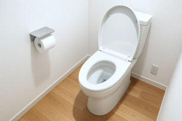 清潔感のある洋式トイレと壁掛けトイレットペーパーの室内設備