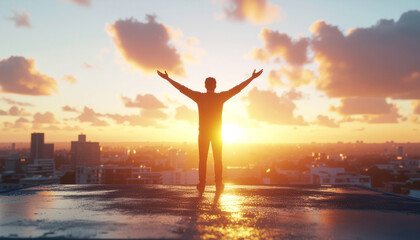 Fototapeta premium A serene scene of a man standing atop a quiet rooftop at sunrise. Arms slightly lifted,