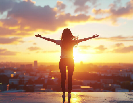 A serene scene of a woman standing atop a quiet rooftop at sunrise. Arms slightly lifted,