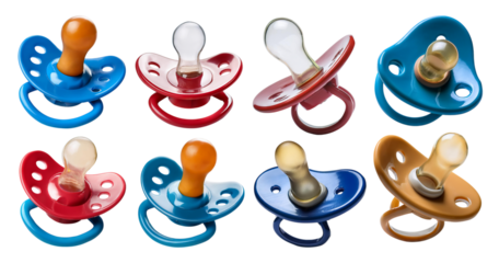 Colorful Baby Pacifiers in Various Designs and Sizes for Infants, isolated on transparent background